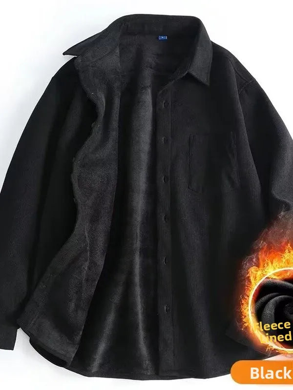 Men's Fleece Lined Long Sleeve Shirt Thick Warm Casual Corduroy Outerwear Trendy Pure Color Breathable Youthful Style Standar...