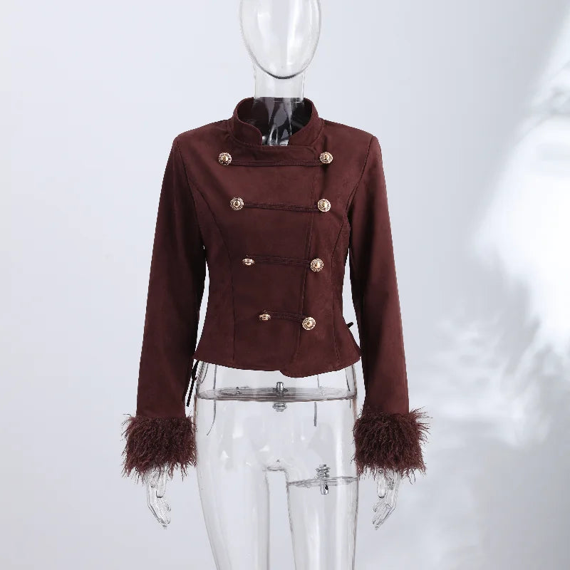 Vintage Women's Feather Patchwork Suede Short Jacket  Stand Collar Long Sleeve Double Breasted Coat 2026 Autumn Lady Jackets