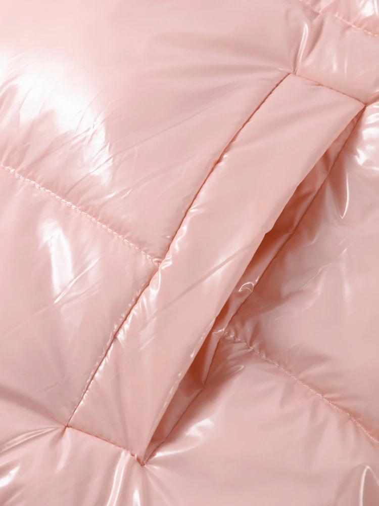 Chic Glossy Zipper Hooded Coat Women's Warm Elastic Waist Pleated Cropped Puffer Jacket 2026 Winter New Lady High Street Outwear