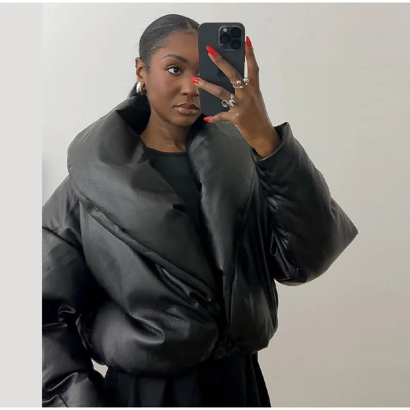 Solid Leather Turn Down Collar Cotton Coat 2026 Winter Ladies Warm Pockets Cropped Padded Jackets Women's High Street Outwear