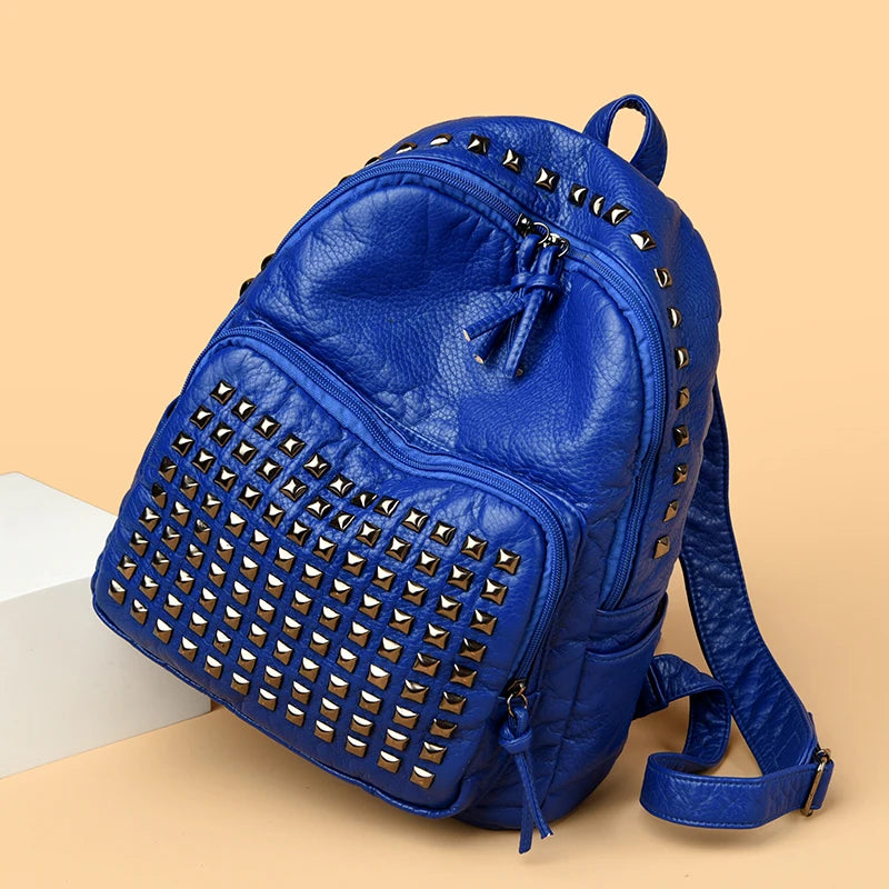 Fashion Rivet Soft Leather Women Backpacks Designer Large Capacity Girls School Bag Luxury Female Bagpack Travel Bags Sac A Main
