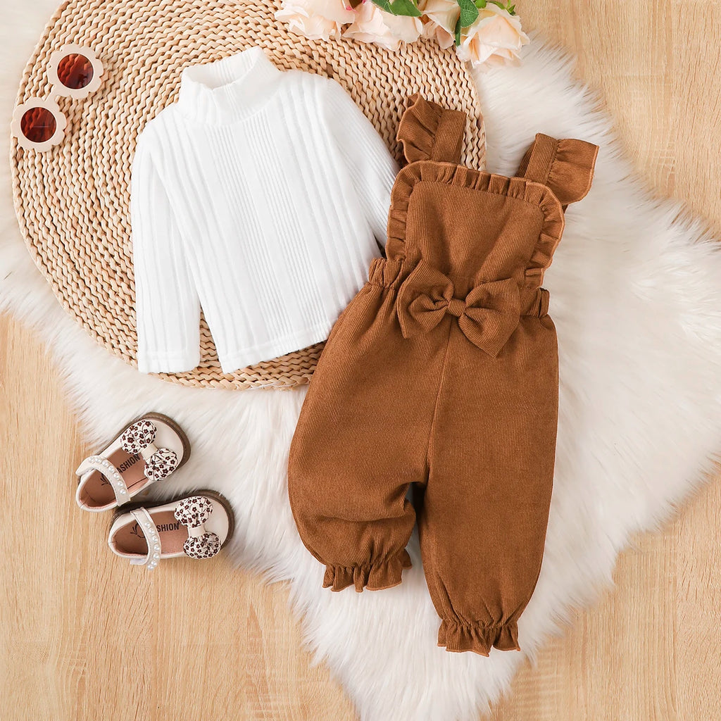 Baby Girl Christmas 2Pcs Outfit Set Sweet Top Ruffle Bow Suspender Jumpsuit Pants Autumn Winter Baby Clothing for 0‑18 Months