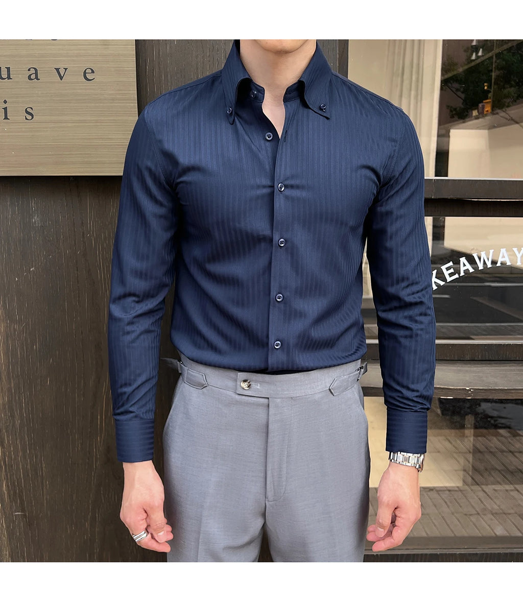 High-quality autumn men's new long-sleeve dark striped slim-fit shirt business casual formal workwear M-4XL