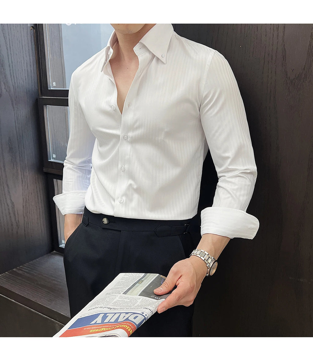 High-quality autumn men's new long-sleeve dark striped slim-fit shirt business casual formal workwear M-4XL