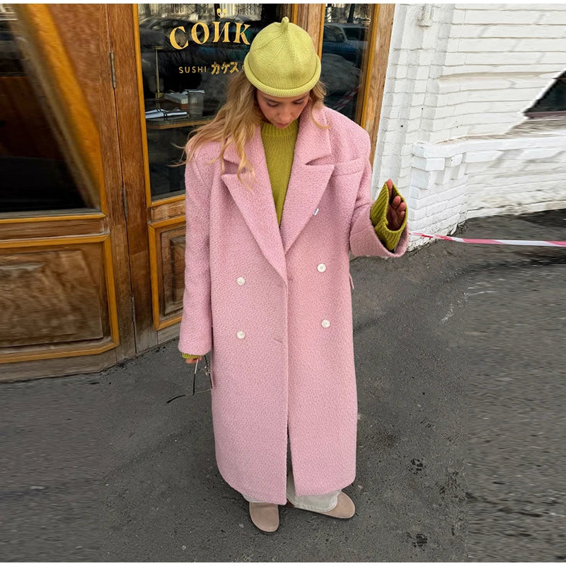 Women's Long Overcoats Lapel Full Sleeve Oversized Woolen Coats Autumn Female Double Breasted Solid Loose Jackets New Outerwears