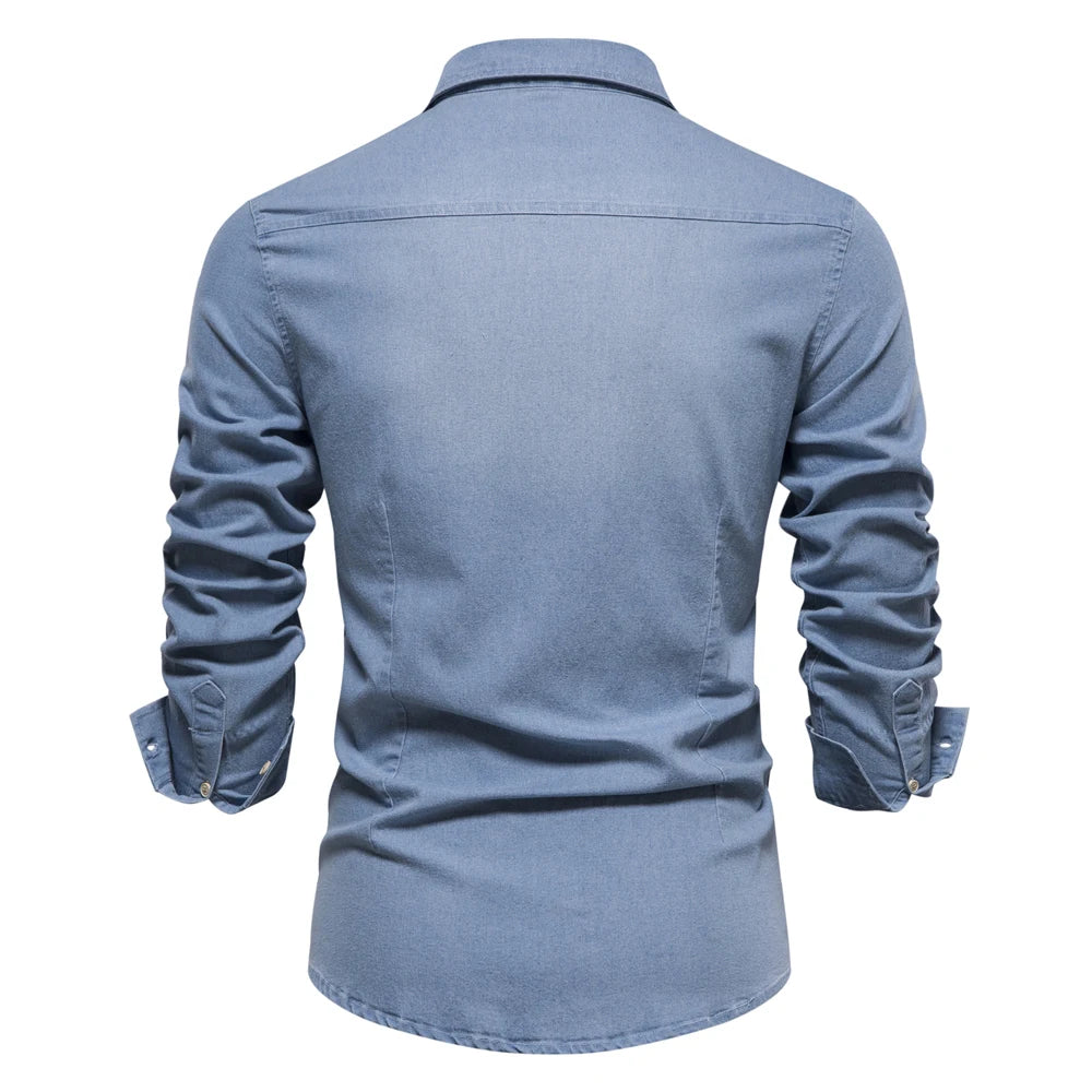AIOPESON Elastic Cotton Denim Shirt Men Long Sleeve Quality Cowboy Shirts for Men Casual Slim Fit Jeans Men Shirts