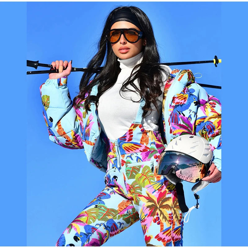 Women's Printed Hooded Ski Jackets Jumpsuit Sets Long Sleeve Zipper Short Coats Straight Leg Overalls 2026 Winter Lady Ski Suits