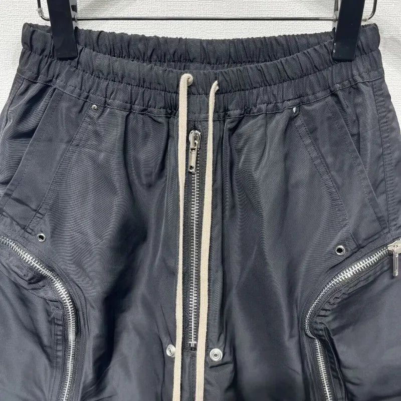Men's Techwear Cargo Shorts Multi-Zipper Pocket Elastic Waist Drawstring Streetwear Casual Shorts