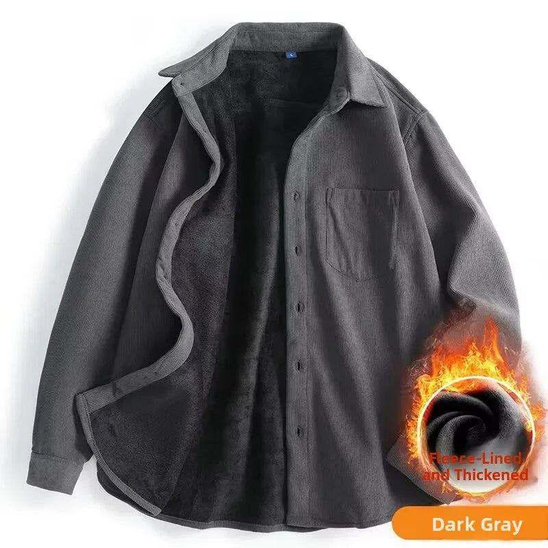 Men's Fleece Lined Long Sleeve Shirt Thick Warm Casual Corduroy Outerwear Trendy Pure Color Breathable Youthful Style Standar...