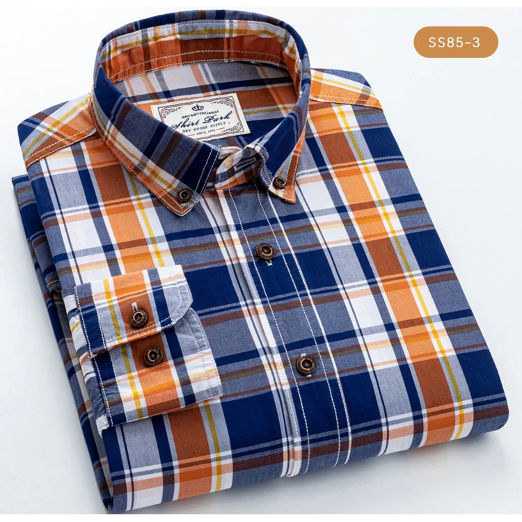 Men's 100% Cotton Plaid Long Sleeve Casual Shirt, Spring Autumn Lightweight & Breathable Slightly Slim Fit Button Down Shirts