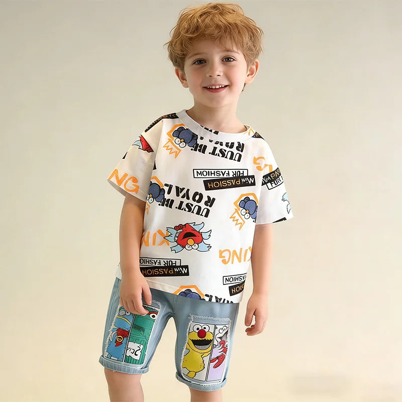 2026 New Kids Clothing Set Cartoon Print Short Sleeve T-Shirt & Denim Shorts 2Pcs/Sets Casual Summer Boys Children Clothes 3-12Y