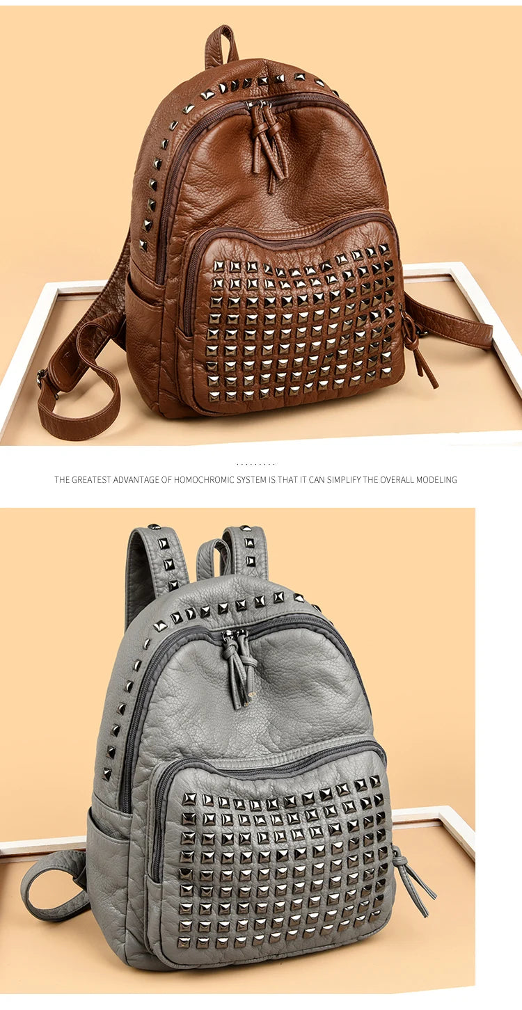 Fashion Rivet Soft Leather Women Backpacks Designer Large Capacity Girls School Bag Luxury Female Bagpack Travel Bags Sac A Main