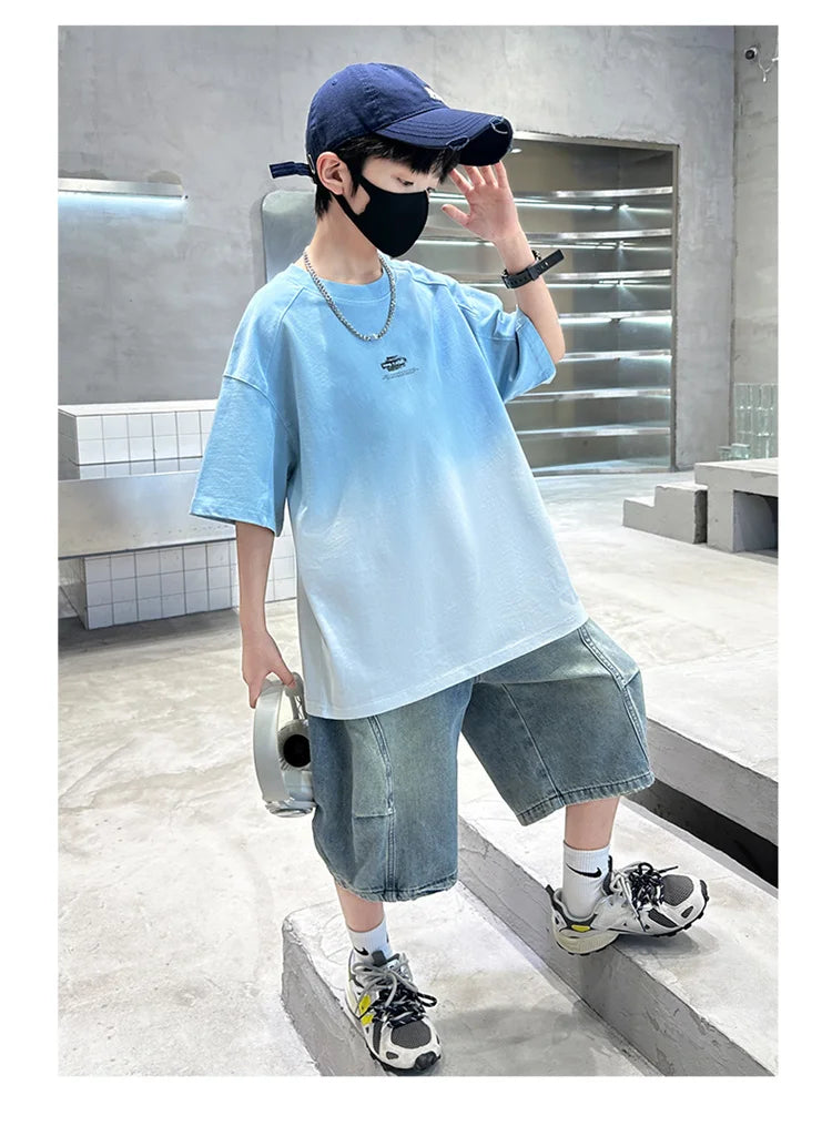 Gradient Color Kid's Fashion Summer Clothing T-shirt Tweens Child Short Sleeve Cotton Tshirt Outfit School Boy Casual Tee Tops