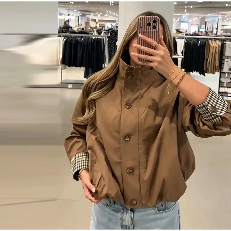Elegant Plaid Patchwork Women's Jacket Loose Full Sleeve Stand Collar Single Breasted Outwear Female 2026 Fashion Autumn Outwear