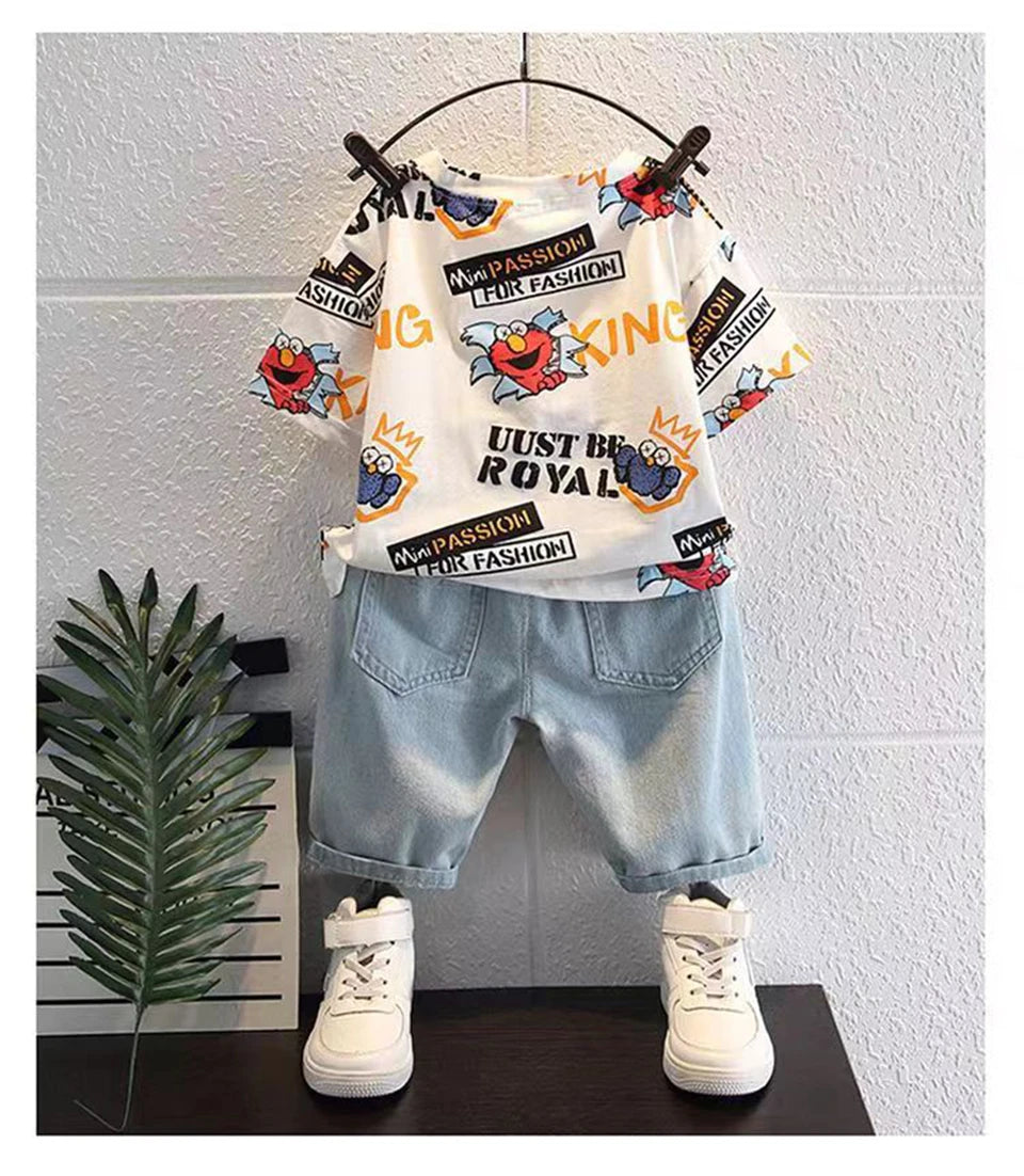 2026 New Kids Clothing Set Cartoon Print Short Sleeve T-Shirt & Denim Shorts 2Pcs/Sets Casual Summer Boys Children Clothes 3-12Y