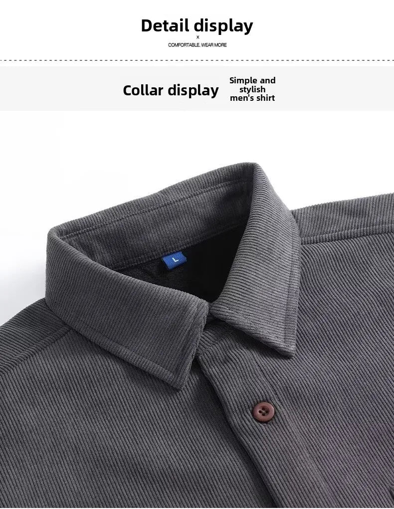 Men's Fleece Lined Long Sleeve Shirt Thick Warm Casual Corduroy Outerwear Trendy Pure Color Breathable Youthful Style Standar...