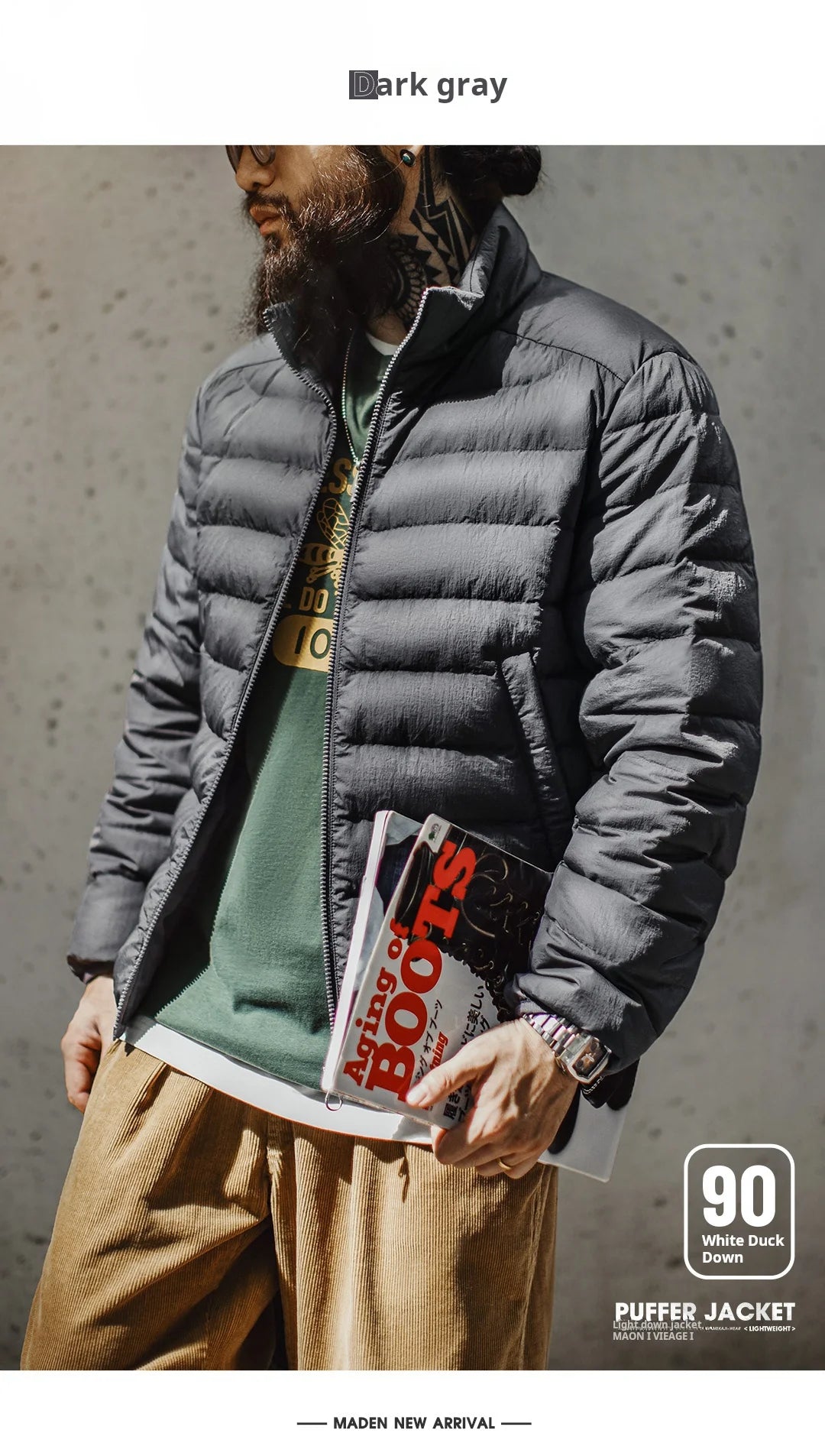 Maden Winter Men's Stand-up Collar Down Jacket Lightweight Hydrophobic White Duck Down Filling Coat Warm Inner Layer for Fall
