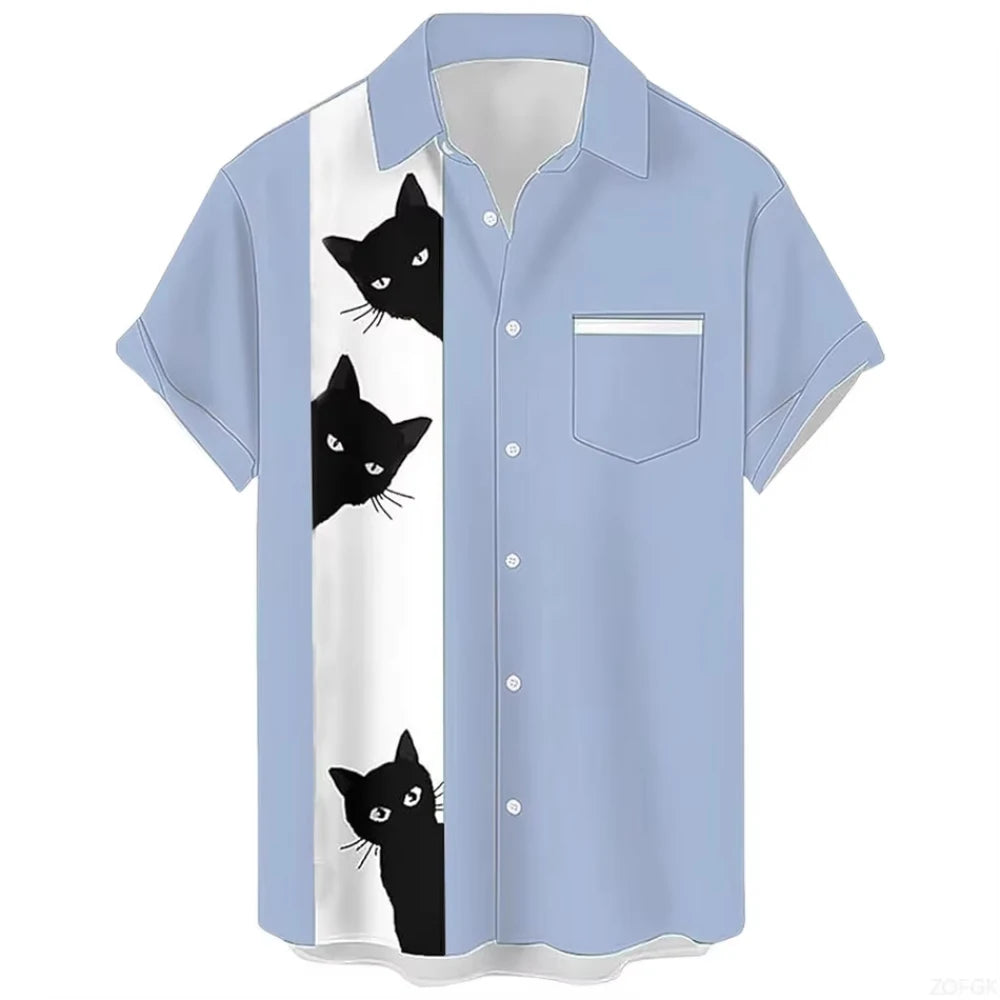 Cat Cartoon Print Shirt] Plus Size 3D Digital Print Cartoon Fun Men's Short Sleeve Button Shirt Fashion Hawaiian Vacation Shirt
