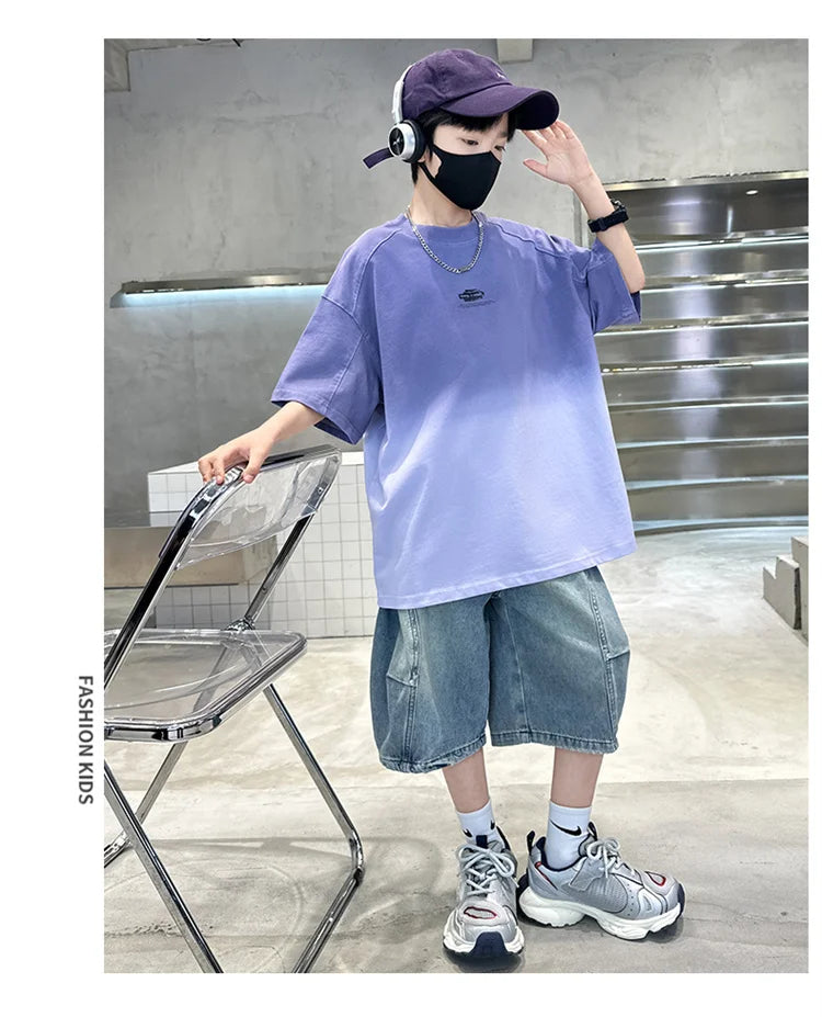 Gradient Color Kid's Fashion Summer Clothing T-shirt Tweens Child Short Sleeve Cotton Tshirt Outfit School Boy Casual Tee Tops