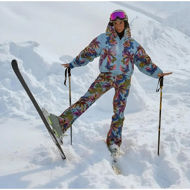 Women's Printed Hooded Ski Jackets Jumpsuit Sets Long Sleeve Zipper Short Coats Straight Leg Overalls 2026 Winter Lady Ski Suits