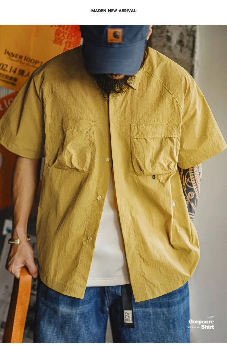 Maden Outdoor Single-breasted Short Sleeve Shirt Men's Summer Quick-Dry Lightweight Chest Pocket Blouse Loose Fit Travel Shirt