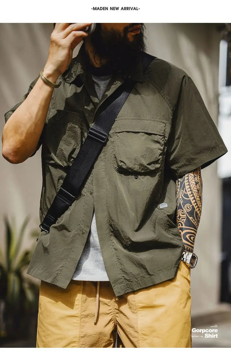 Maden Outdoor Single-breasted Short Sleeve Shirt Men's Summer Quick-Dry Lightweight Chest Pocket Blouse Loose Fit Travel Shirt