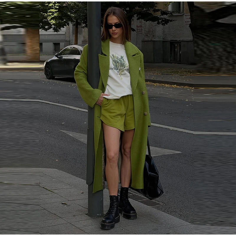 Chic Women's Woolen Overcoat Autumn Winter Solid Lapel Double Breasted Long Sleeve Long Coat 2026 Elegant Lady Street Outwear