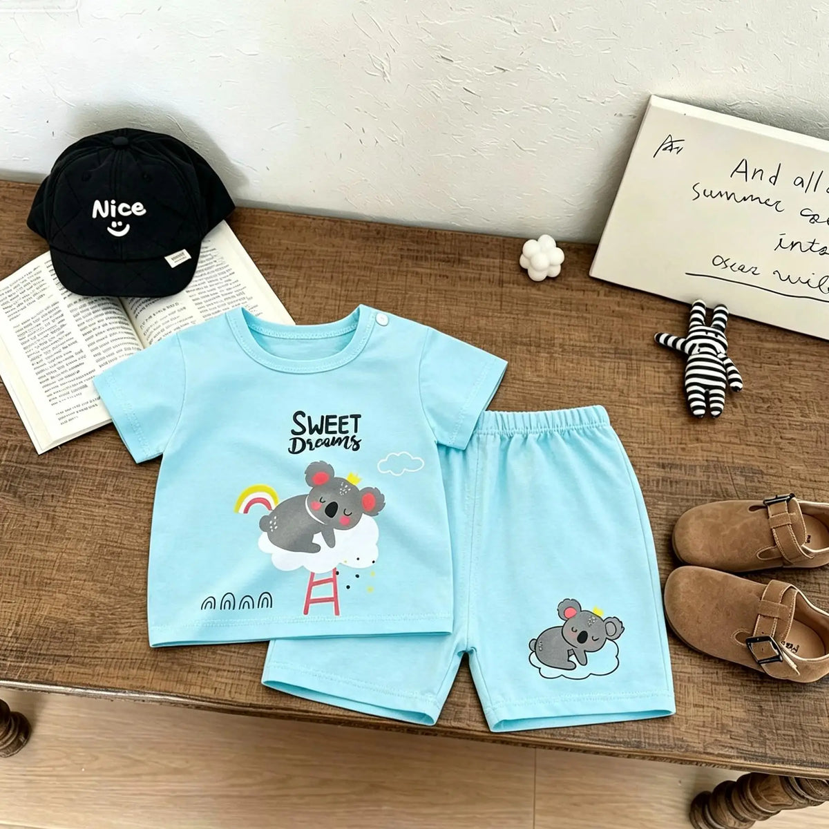 New Kids Short-sleeved Suits Cartoon Print Tshirt +Shorts Two Piece Set Summer Clothing Lovely Tees Loose Shorts 2Piece Suit