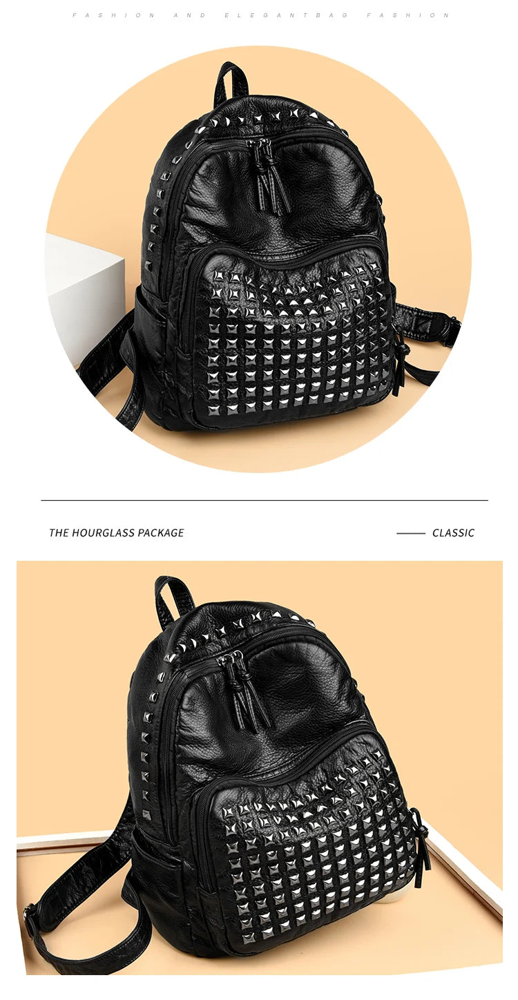 Fashion Rivet Soft Leather Women Backpacks Designer Large Capacity Girls School Bag Luxury Female Bagpack Travel Bags Sac A Main