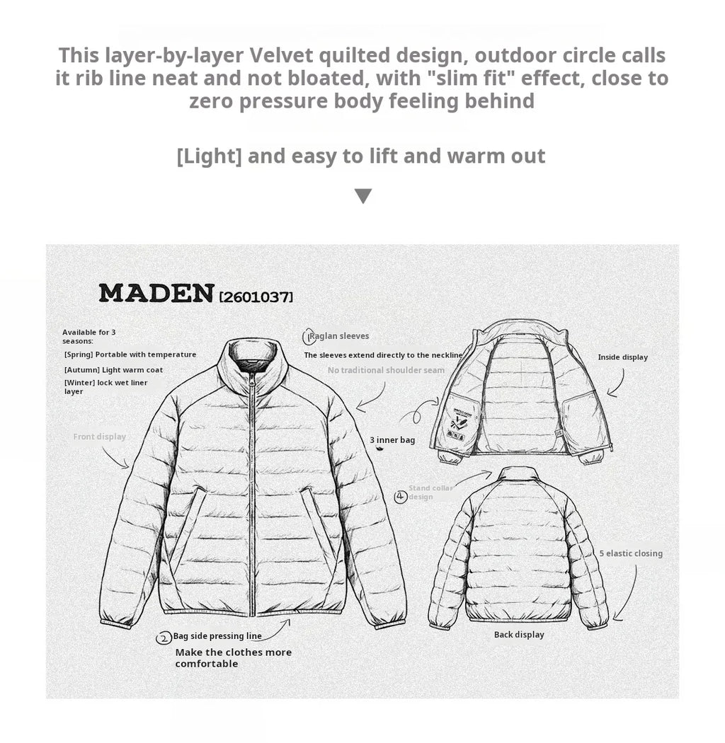 Maden Winter Men's Stand-up Collar Down Jacket Lightweight Hydrophobic White Duck Down Filling Coat Warm Inner Layer for Fall