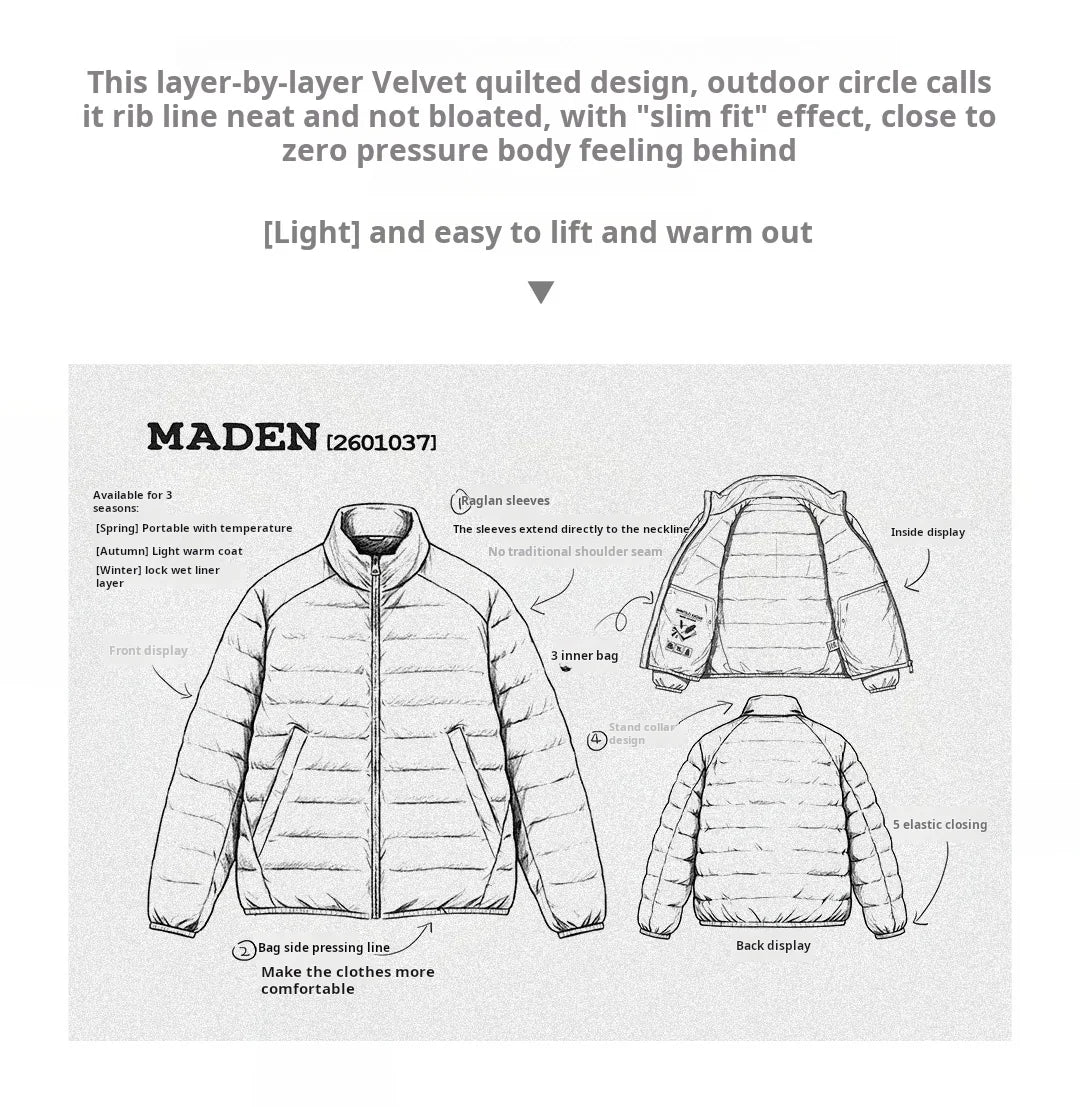 Maden Winter Men's Stand-up Collar Down Jacket Lightweight Hydrophobic White Duck Down Filling Coat Warm Inner Layer for Fall