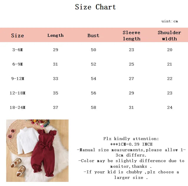 Baby Girl Christmas 2Pcs Outfit Set Sweet Top Ruffle Bow Suspender Jumpsuit Pants Autumn Winter Baby Clothing for 0‑18 Months