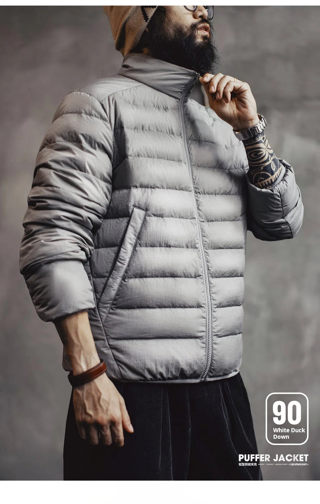 Maden Winter Men's Stand-up Collar Down Jacket Lightweight Hydrophobic White Duck Down Filling Coat Warm Inner Layer for Fall