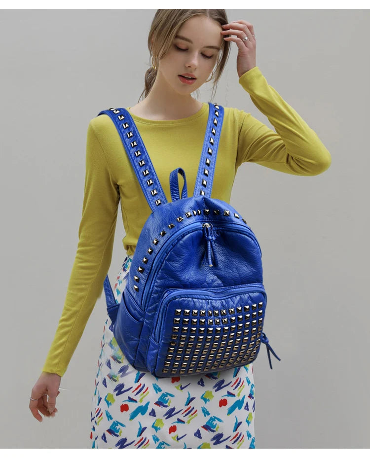Fashion Rivet Soft Leather Women Backpacks Designer Large Capacity Girls School Bag Luxury Female Bagpack Travel Bags Sac A Main