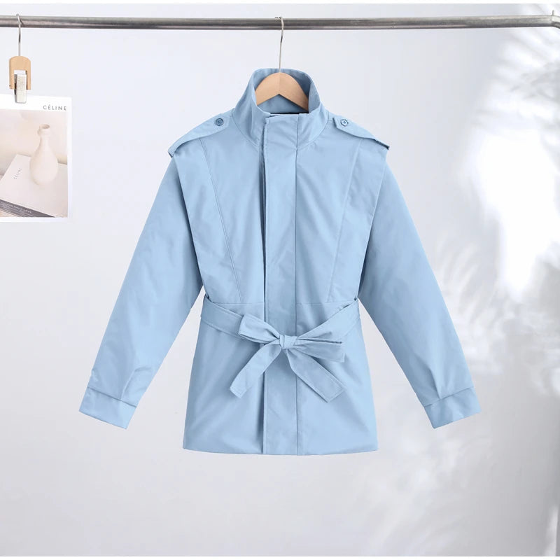Solid Stand Collar Padded Coat Waist Tie Belt Long Cape Sleeve Button Zipper Loose Women Coats 2026 Autumn Commute Chic Outfit