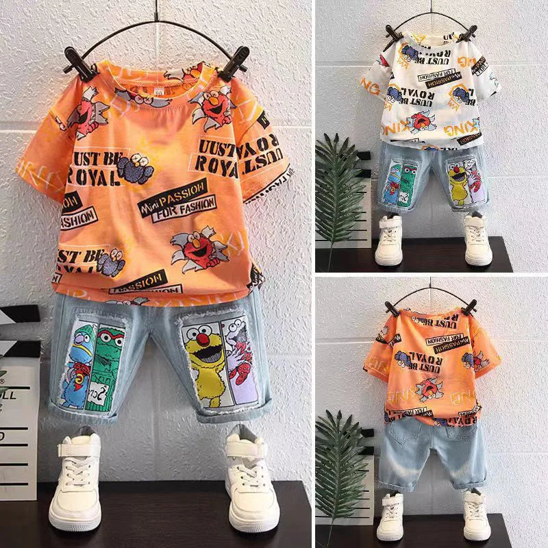 2026 New Kids Clothing Set Cartoon Print Short Sleeve T-Shirt & Denim Shorts 2Pcs/Sets Casual Summer Boys Children Clothes 3-12Y