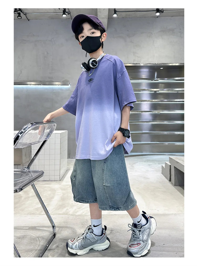 Gradient Color Kid's Fashion Summer Clothing T-shirt Tweens Child Short Sleeve Cotton Tshirt Outfit School Boy Casual Tee Tops