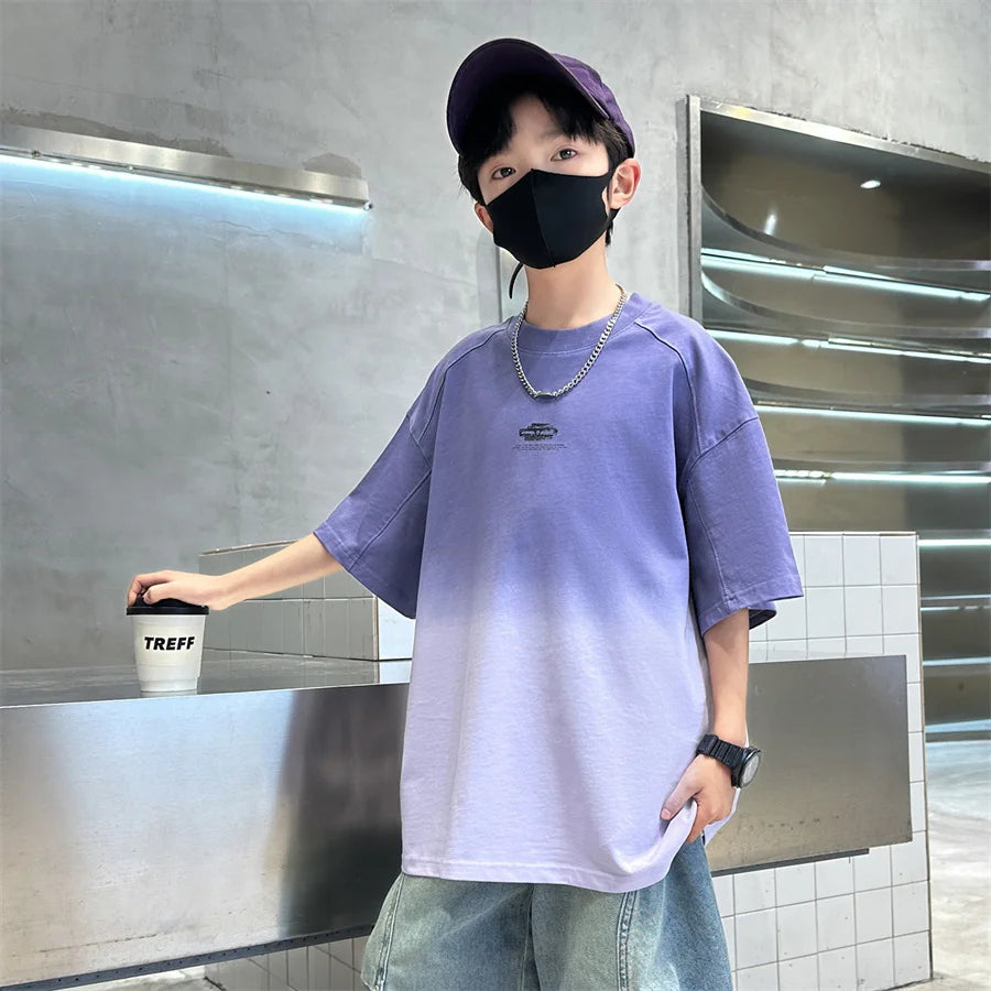 Gradient Color Kid's Fashion Summer Clothing T-shirt Tweens Child Short Sleeve Cotton Tshirt Outfit School Boy Casual Tee Tops