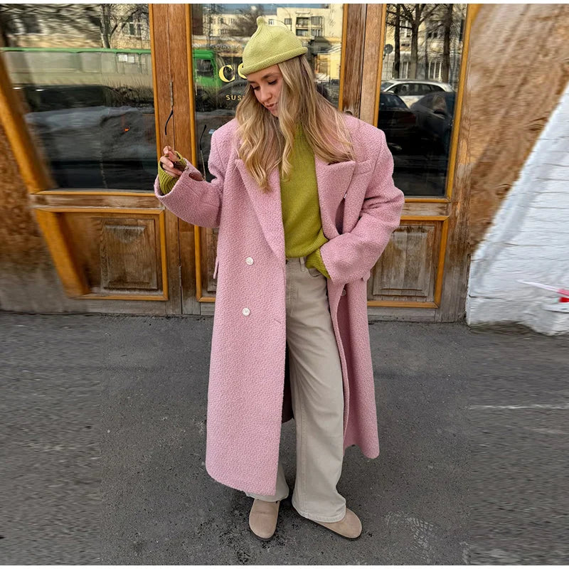 Women's Long Overcoats Lapel Full Sleeve Oversized Woolen Coats Autumn Female Double Breasted Solid Loose Jackets New Outerwears