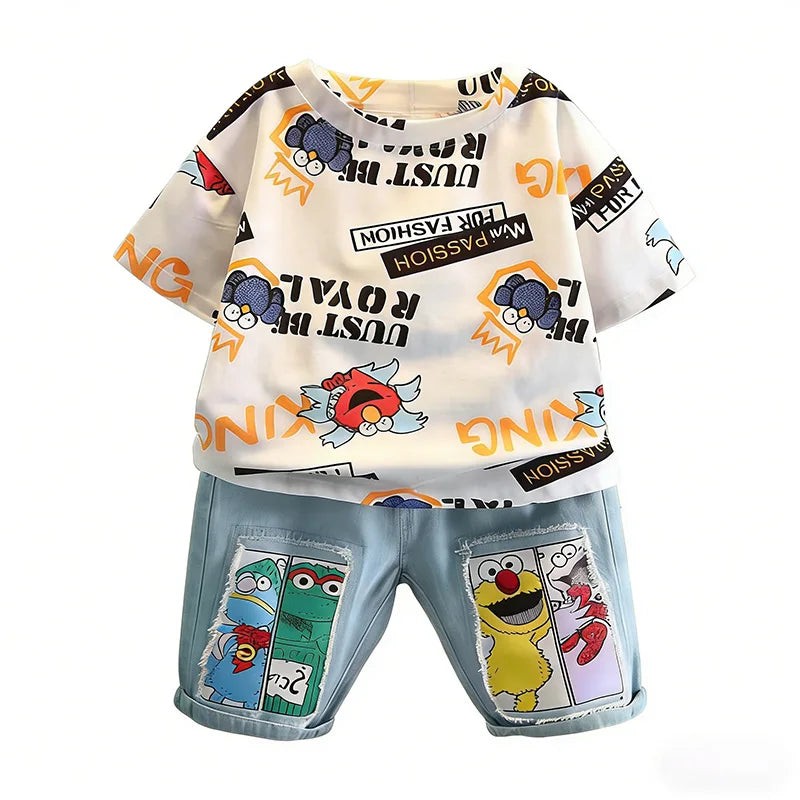 2026 New Kids Clothing Set Cartoon Print Short Sleeve T-Shirt & Denim Shorts 2Pcs/Sets Casual Summer Boys Children Clothes 3-12Y