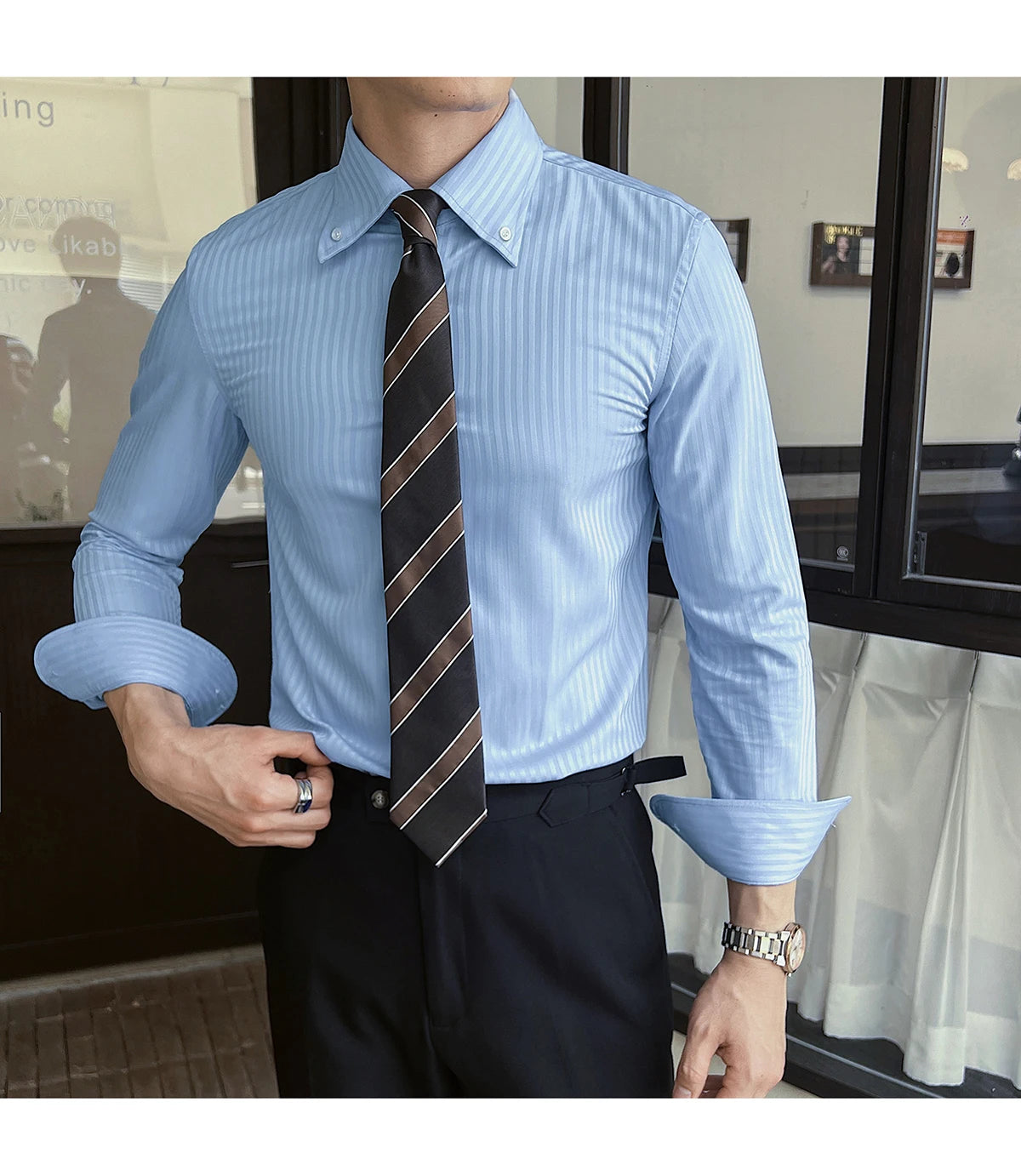 High-quality autumn men's new long-sleeve dark striped slim-fit shirt business casual formal workwear M-4XL