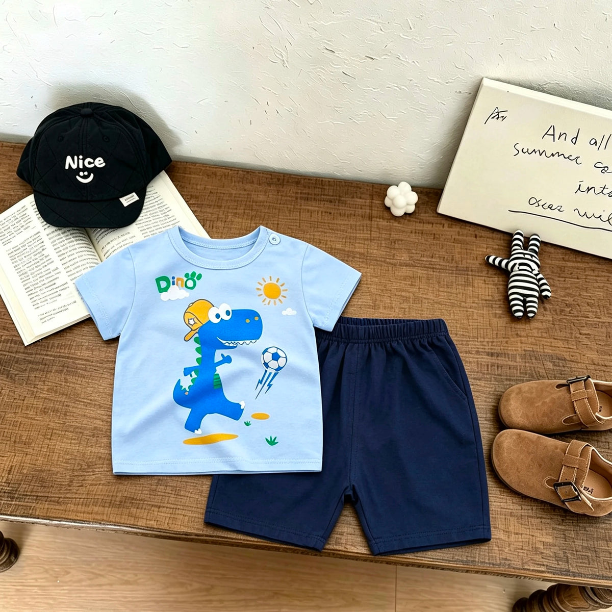 New Kids Short-sleeved Suits Cartoon Print Tshirt +Shorts Two Piece Set Summer Clothing Lovely Tees Loose Shorts 2Piece Suit