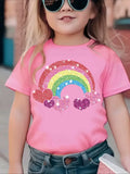 2026 Summer New Fashion Girls' Round Neck Short Sleeve Rainbow Heart Print T-Shirt Casual Summer Versatile Top Trendy Clothing