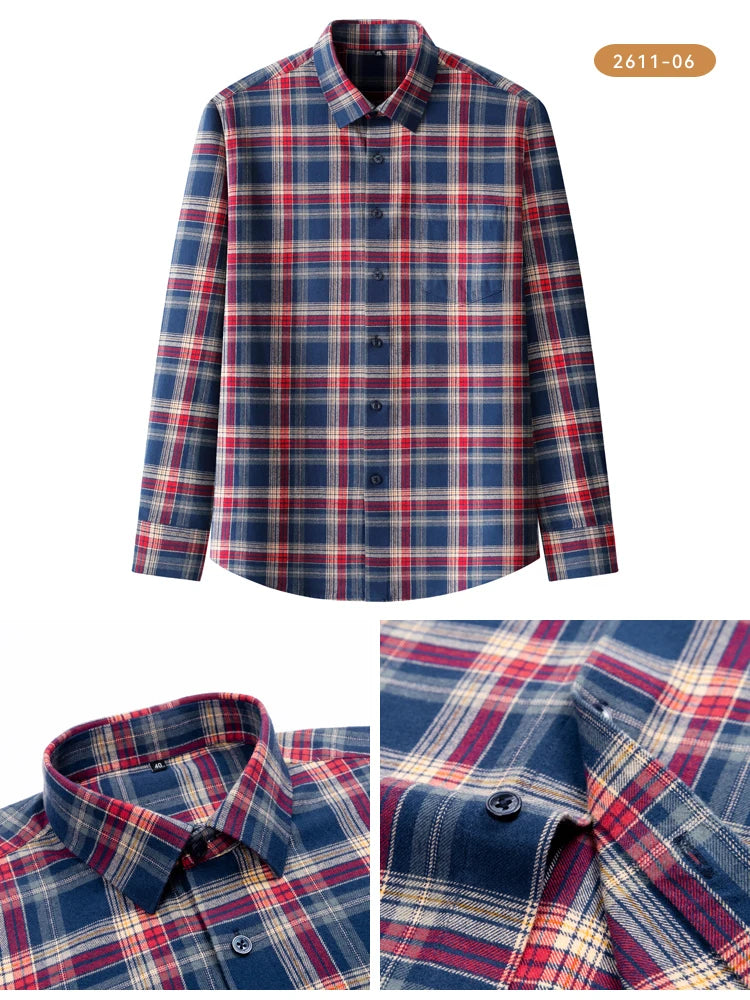 Vintage Men's Flannel Shirts with Pocket Long Sleeve Brushed Shirt for Men Warm Casual Soft Cotton 100% Button Down Plaid Shirt