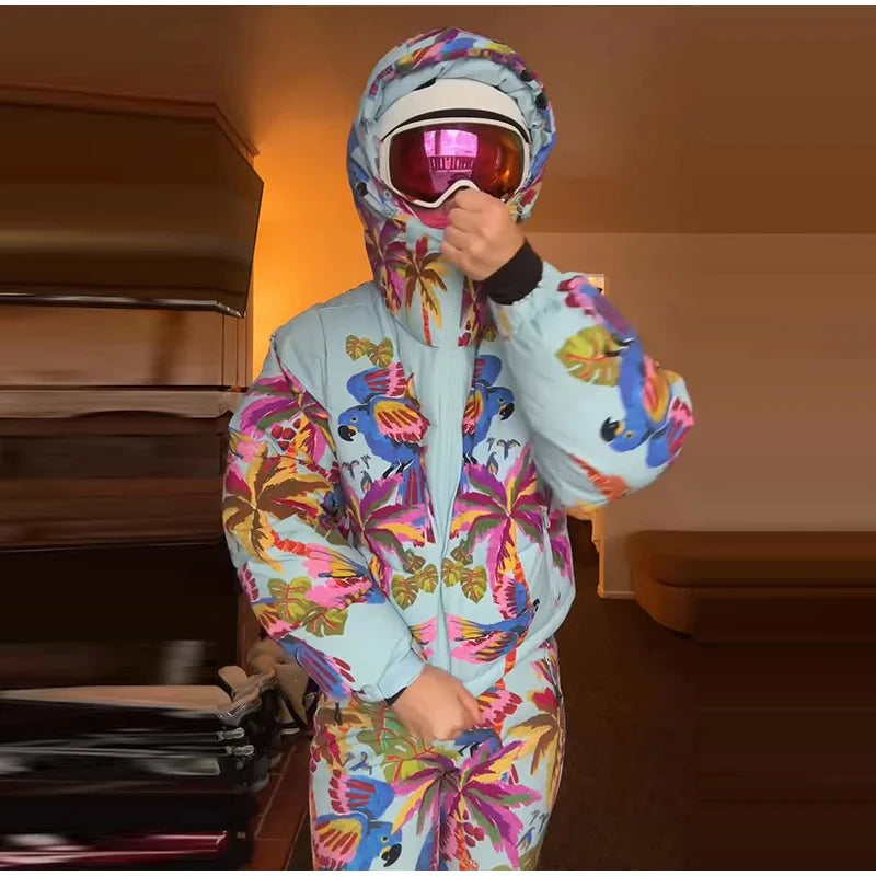 Women's Printed Hooded Ski Jackets Jumpsuit Sets Long Sleeve Zipper Short Coats Straight Leg Overalls 2026 Winter Lady Ski Suits
