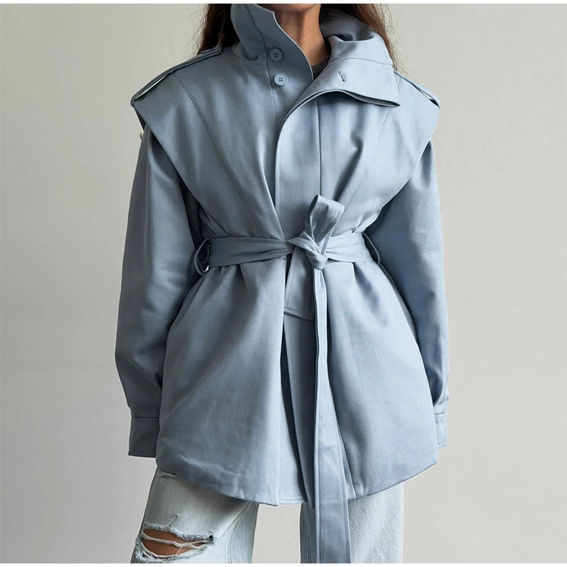 Solid Stand Collar Padded Coat Waist Tie Belt Long Cape Sleeve Button Zipper Loose Women Coats 2026 Autumn Commute Chic Outfit