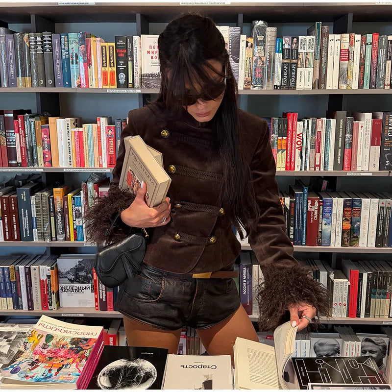 Vintage Women's Feather Patchwork Suede Short Jacket  Stand Collar Long Sleeve Double Breasted Coat 2026 Autumn Lady Jackets
