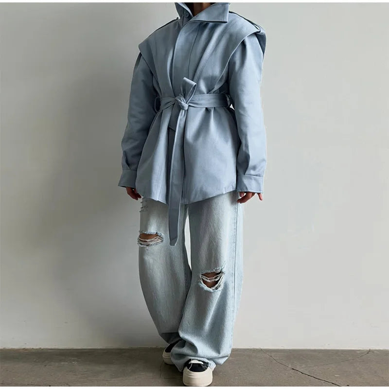 Solid Stand Collar Padded Coat Waist Tie Belt Long Cape Sleeve Button Zipper Loose Women Coats 2026 Autumn Commute Chic Outfit