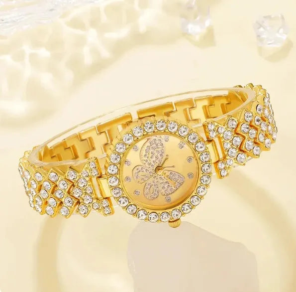 2PCS/Set Fashion Butterfly Dial Women Watches Luxury Rhinestone Quartz Wristwatch Bracelet Set