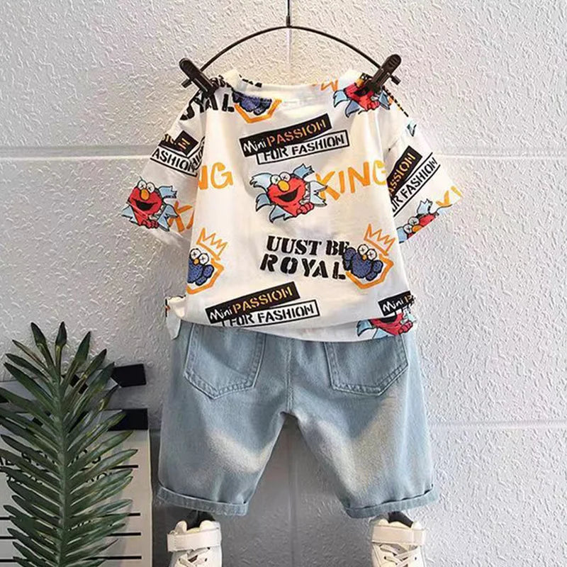 2026 New Kids Clothing Set Cartoon Print Short Sleeve T-Shirt & Denim Shorts 2Pcs/Sets Casual Summer Boys Children Clothes 3-12Y